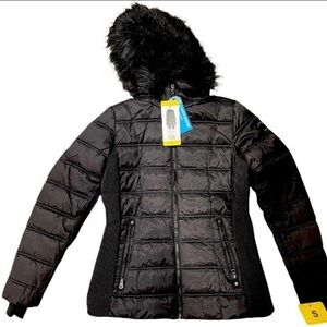 Nautica Black Quilted stretch on the side Jacket hooded with faux fair Sz SNWT